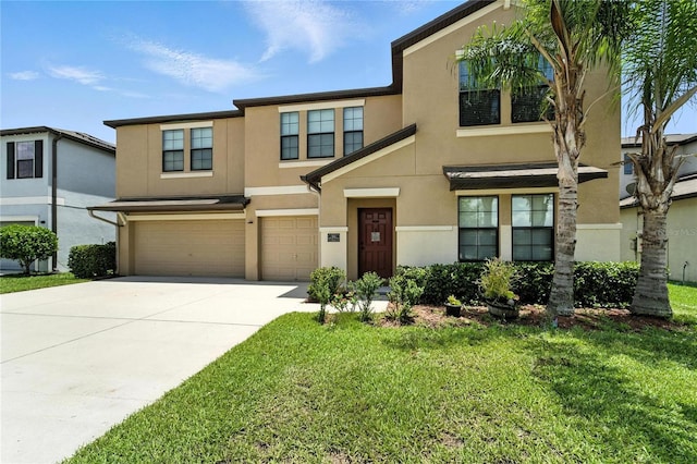 14050 Arbor Pines Dr, Riverview, FL 33579 - view of property featuring stucco siding, an attached garage, driveway, and a front lawn