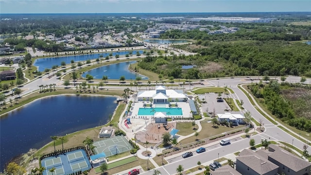 bird's eye view with a water view