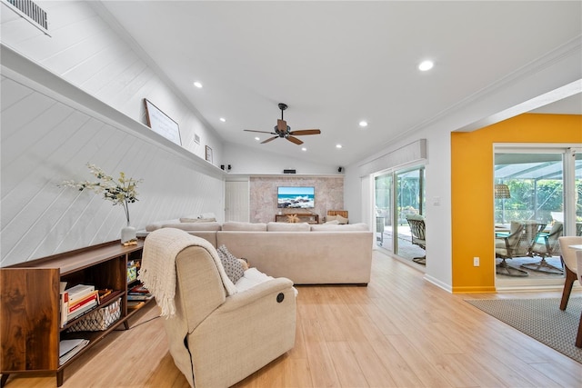 1810 Pine Hill Dr, Safety Harbor, FL 34695 - living area featuring ceiling fan, plenty of natural light, light wood finished floors, ornamental molding, and recessed lighting