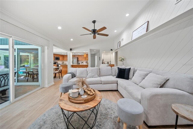 1810 Pine Hill Dr, Safety Harbor, FL 34695 - living area with a ceiling fan, light wood-type flooring, recessed lighting, crown molding, and lofted ceiling
