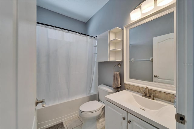 2510 Cross More St, Valrico, FL 33594 - full bath with decorative backsplash, tile patterned flooring, shower / tub combo, vanity, and toilet