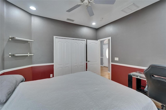 2510 Cross More St, Valrico, FL 33594 - bedroom with ceiling fan, a closet, recessed lighting, and visible vents