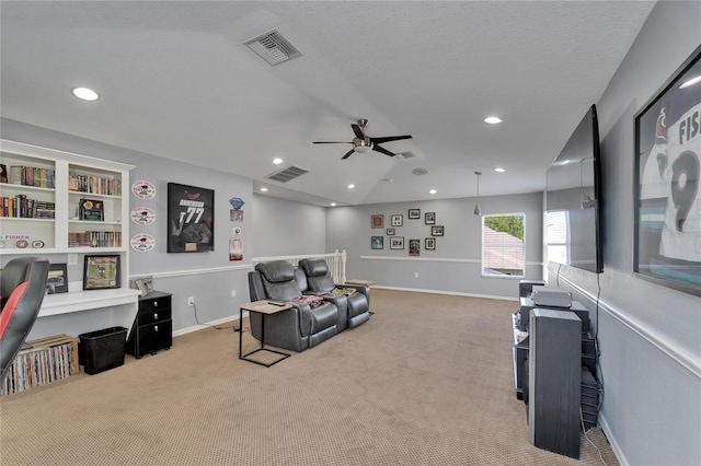 2510 Cross More St, Valrico, FL 33594 - carpeted home theater with baseboards, a ceiling fan, recessed lighting, and visible vents