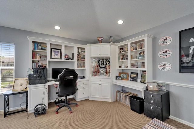 2510 Cross More St, Valrico, FL 33594 - office area with built in study area, baseboards, light carpet, and recessed lighting