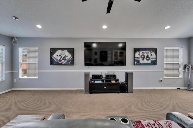 2510 Cross More St, Valrico, FL 33594 - living area featuring ceiling fan, a textured ceiling, baseboards, carpet flooring, and recessed lighting