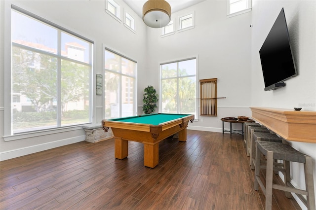 4750 Dolphin Cay Ln S Unit 209, Saint Petersburg, FL 33711 - game room featuring dark wood-style floors, billiards, and a towering ceiling