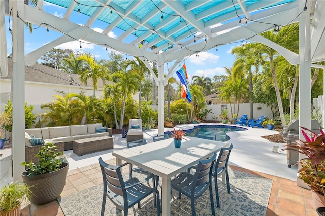 view of patio / terrace featuring a fenced in pool, grilling area, a pergola, an outdoor living space, and a fenced backyard