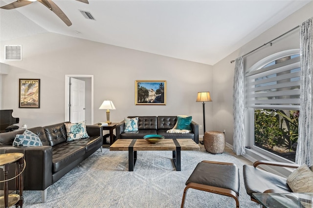 carpeted living room featuring visible vents, ceiling fan, lofted ceiling, and baseboards