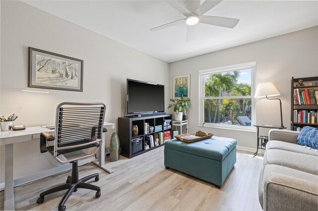 living area featuring ceiling fan, baseboards, and light wood-style floors
