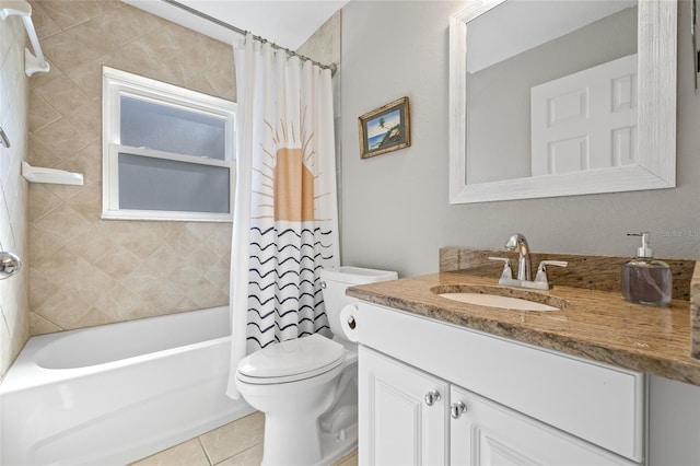 bathroom featuring shower / bath combo with shower curtain, toilet, tile patterned flooring, and vanity