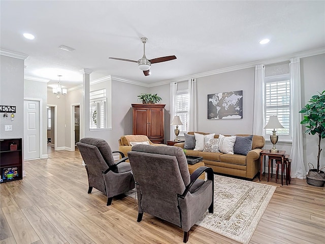 living area with recessed lighting, ornamental molding, ceiling fan, and light wood-style floors