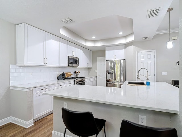 kitchen featuring light wood-style flooring, appliances with stainless steel finishes, a sink, a kitchen breakfast bar, and a tray ceiling