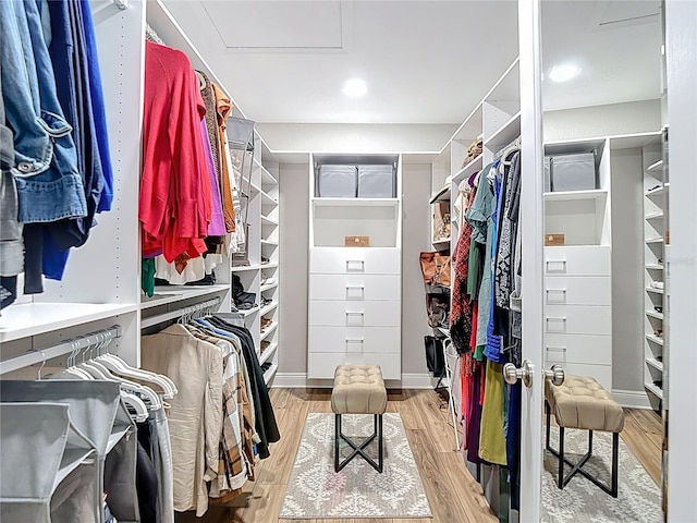 walk in closet with attic access and wood finished floors