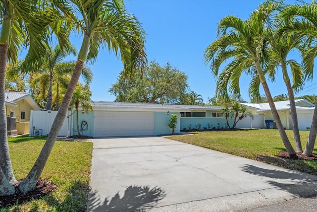 single story home with driveway, stucco siding, fence, a front lawn, and a garage
