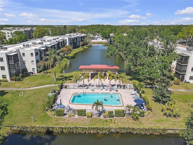 drone / aerial view featuring a water view