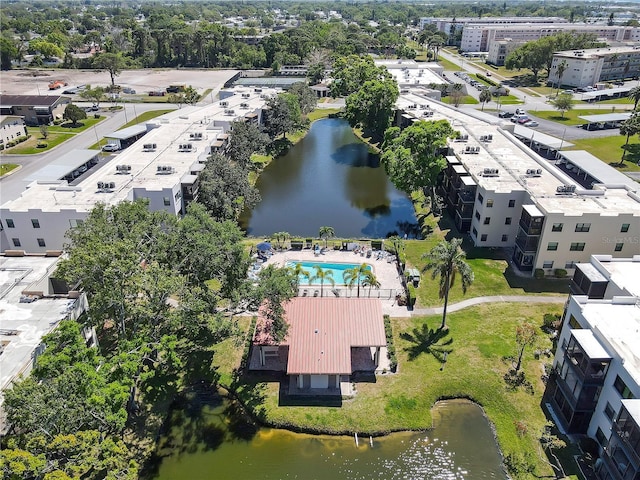 bird's eye view with a water view