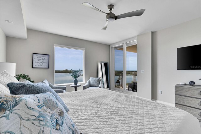 bedroom with ceiling fan and access to exterior