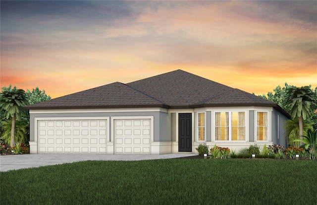 ranch-style house with a garage, concrete driveway, stucco siding, roof with shingles, and a lawn