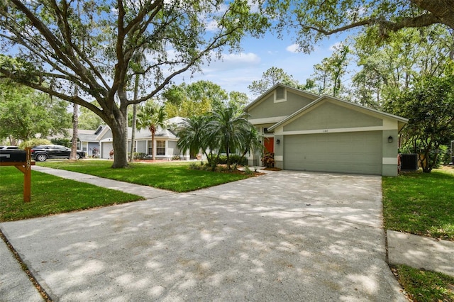 1187 Mistwood Dr, Tarpon Springs, FL 34688 - view of front of home with central AC, concrete driveway, a garage, a front yard, and stucco siding