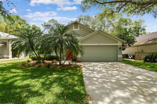 1187 Mistwood Dr, Tarpon Springs, FL 34688 - view of front of house featuring a front yard, an attached garage, concrete driveway, and stucco siding