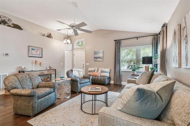 1187 Mistwood Dr, Tarpon Springs, FL 34688 - living area featuring ceiling fan, vaulted ceiling, wood finished floors, and baseboards