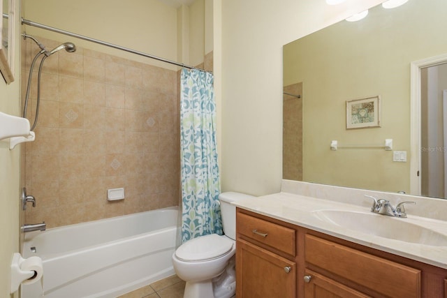 bathroom featuring tile patterned floors, shower / bathtub combination with curtain, vanity, and toilet
