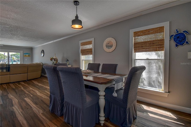 dining space featuring baseboards, a textured ceiling, wood finished floors, and crown molding