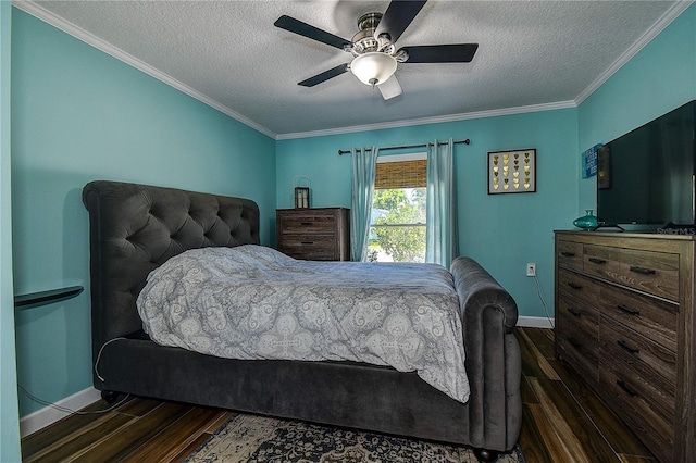 bedroom with baseboards, ornamental molding, dark wood-type flooring, and a textured ceiling