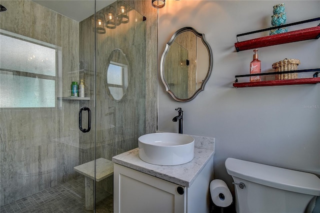 bathroom with toilet, vanity, and a stall shower