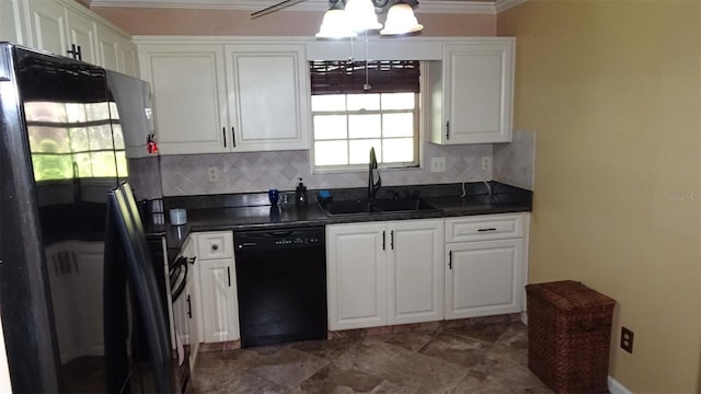 2101 Fox Chase Blvd Unit 102, Palm Harbor, FL 34683 - kitchen featuring black appliances, a sink, dark countertops, backsplash, and ornamental molding