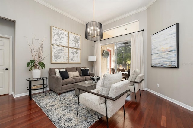 living area featuring ornamental molding, dark wood-type flooring, and baseboards