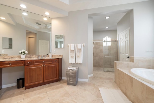 full bathroom featuring a bath, visible vents, baseboards, vanity, and a stall shower