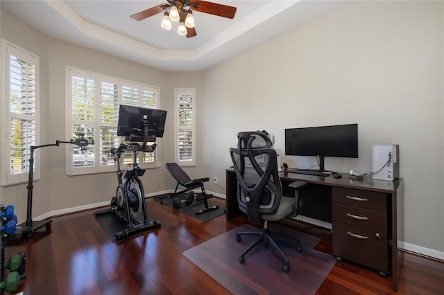 office space featuring baseboards, a tray ceiling, wood finished floors, and ceiling fan
