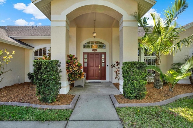 view of exterior entry with stucco siding and a shingled roof