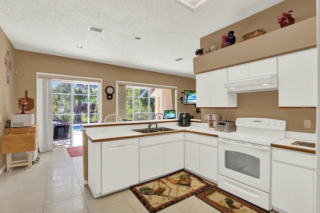 kitchen featuring a sink, a peninsula, under cabinet range hood, white appliances, and visible vents