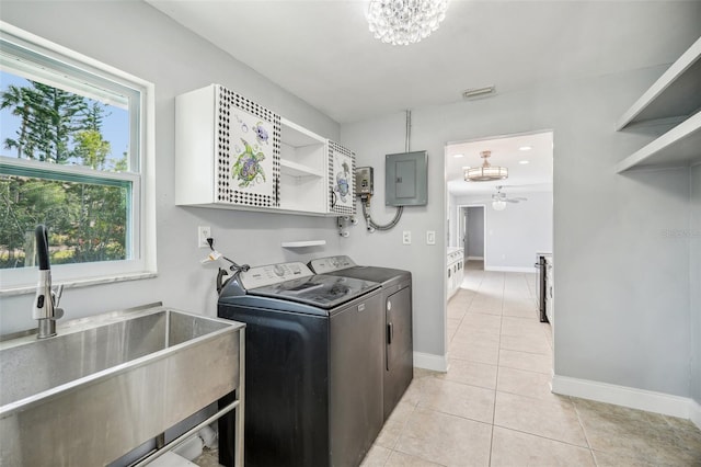 1832 Flamingo Dr, North Fort Myers, FL 33917 - laundry room featuring electric panel, laundry area, a sink, separate washer and dryer, and light tile patterned floors