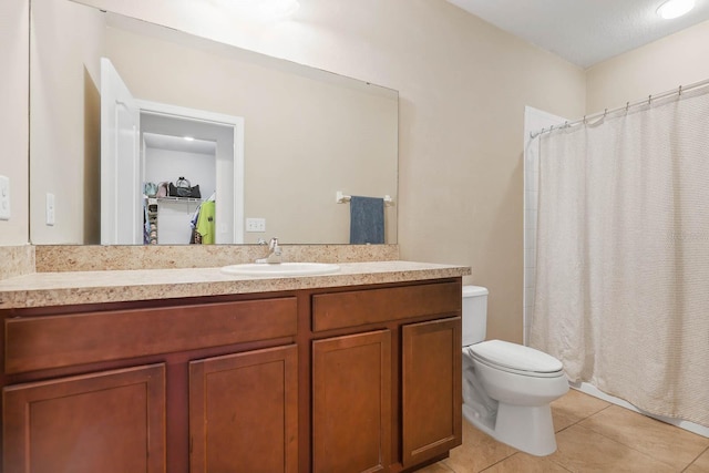 14426 Haddon Mist Dr, Wimauma, FL 33598 - bathroom with tile patterned floors, vanity, toilet, and a shower with shower curtain
