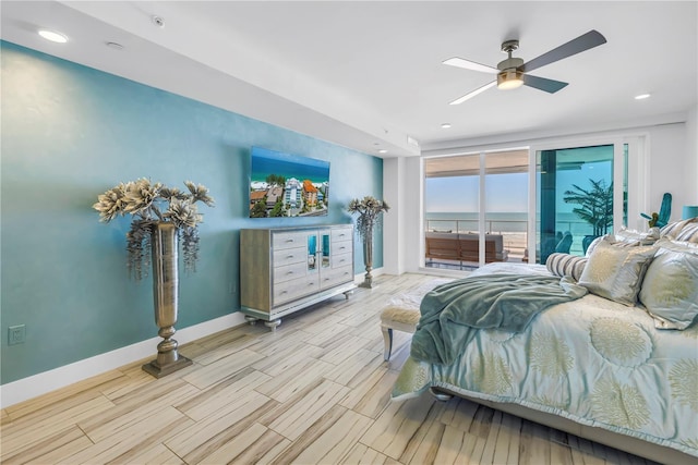 19816 Gulf Blvd Unit 201, Indian Shores, FL 33785 - bedroom with a ceiling fan, recessed lighting, baseboards, access to outside, and wood finish floors
