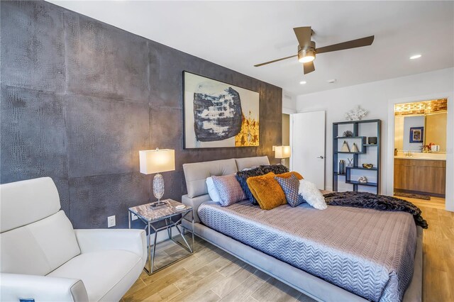 19816 Gulf Blvd Unit 201, Indian Shores, FL 33785 - bedroom featuring recessed lighting, ensuite bath, ceiling fan, and light wood-type flooring