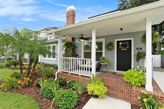 2910 W Aquilla St, Tampa, FL 33629 - doorway to property with a porch, a ceiling fan, and a chimney