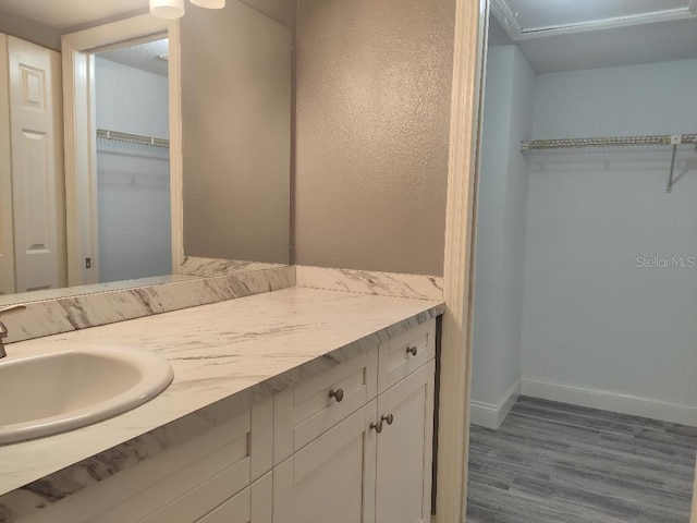 bathroom featuring baseboards, wood finished floors, a spacious closet, and vanity