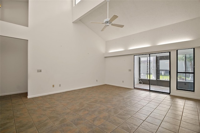 empty room with high vaulted ceiling, tile patterned floors, a ceiling fan, baseboards, and beamed ceiling