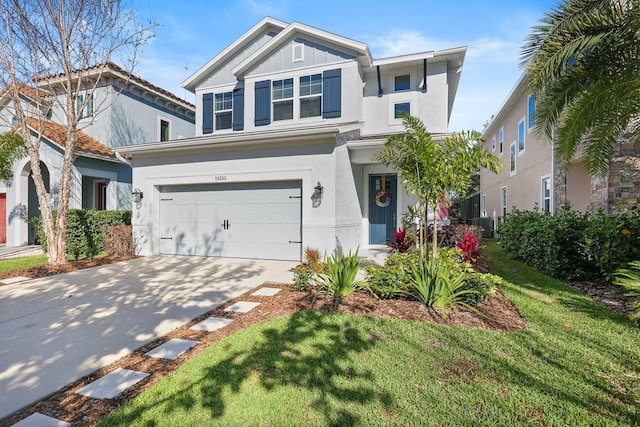 14241 Natures Reserve Dr, Lithia, FL 33547 - view of front of house with an attached garage, stucco siding, driveway, and cooling unit