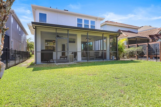 14241 Natures Reserve Dr, Lithia, FL 33547 - back of property with ceiling fan, stucco siding, and a sunroom