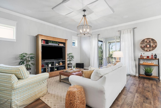 14241 Natures Reserve Dr, Lithia, FL 33547 - living room with a chandelier, wood-type flooring, and crown molding