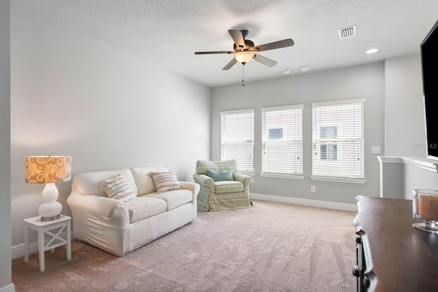 14241 Natures Reserve Dr, Lithia, FL 33547 - living room with carpet flooring, ceiling fan, baseboards, and a textured ceiling