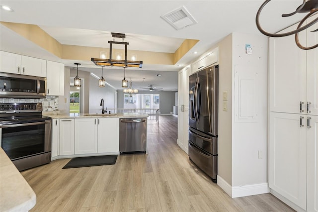 3252 Scorecard Dr, New Port Richey, FL 34655 - kitchen featuring a peninsula, a sink, visible vents, white cabinetry, and appliances with stainless steel finishes