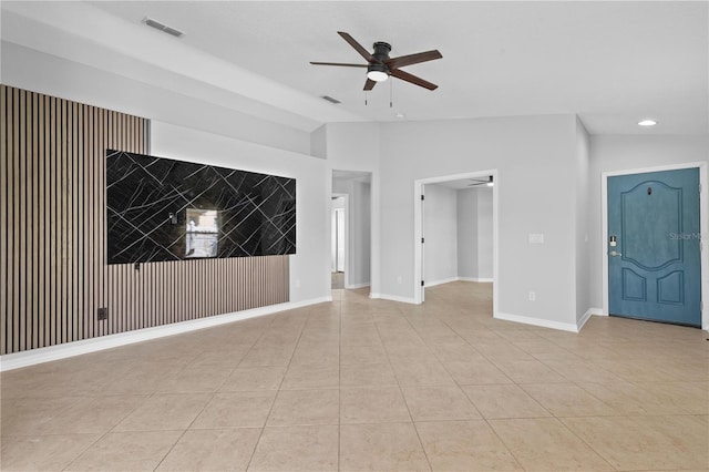 10108 36th Ct E, Parrish, FL 34219 - unfurnished living room featuring a ceiling fan, lofted ceiling, recessed lighting, and light tile patterned flooring