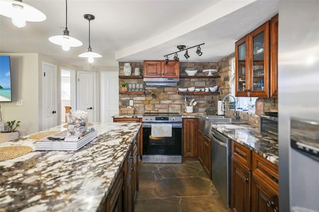9825 Casey Dr, New Port Richey, FL 34654 - kitchen with open shelves, under cabinet range hood, backsplash, light stone counters, and appliances with stainless steel finishes
