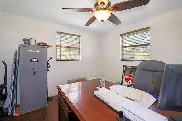 9825 Casey Dr, New Port Richey, FL 34654 - home office with a ceiling fan, dark wood-style flooring, and a healthy amount of sunlight